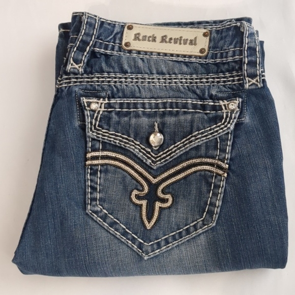 Rock Revival Elaina Easy Boot Straight Leg Mid Rise Medium Wash Jeans Sz 32 - Picture 1 of 16